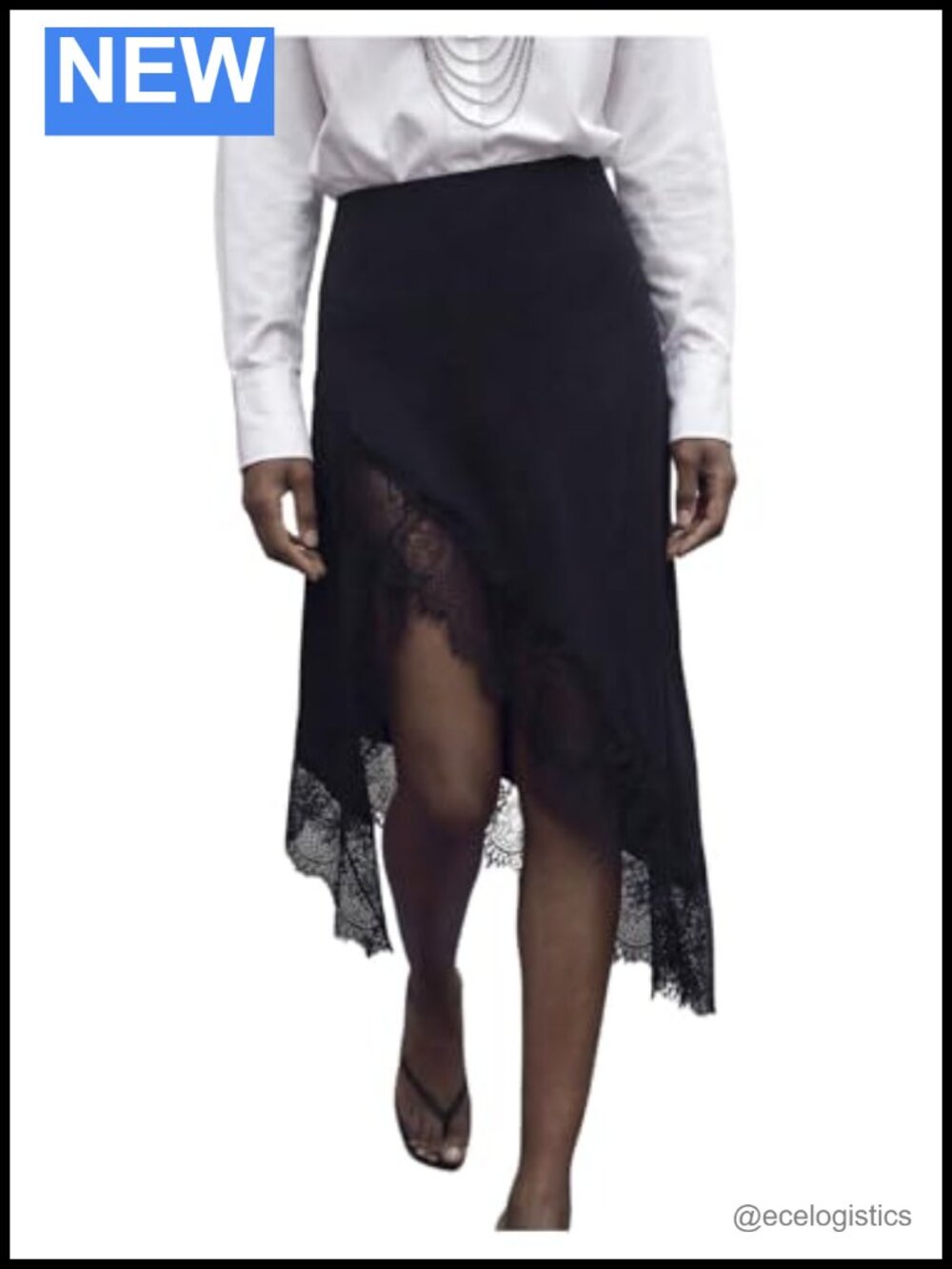 High Waisted Asymmetrical Midi Skirt with Contrast Lace